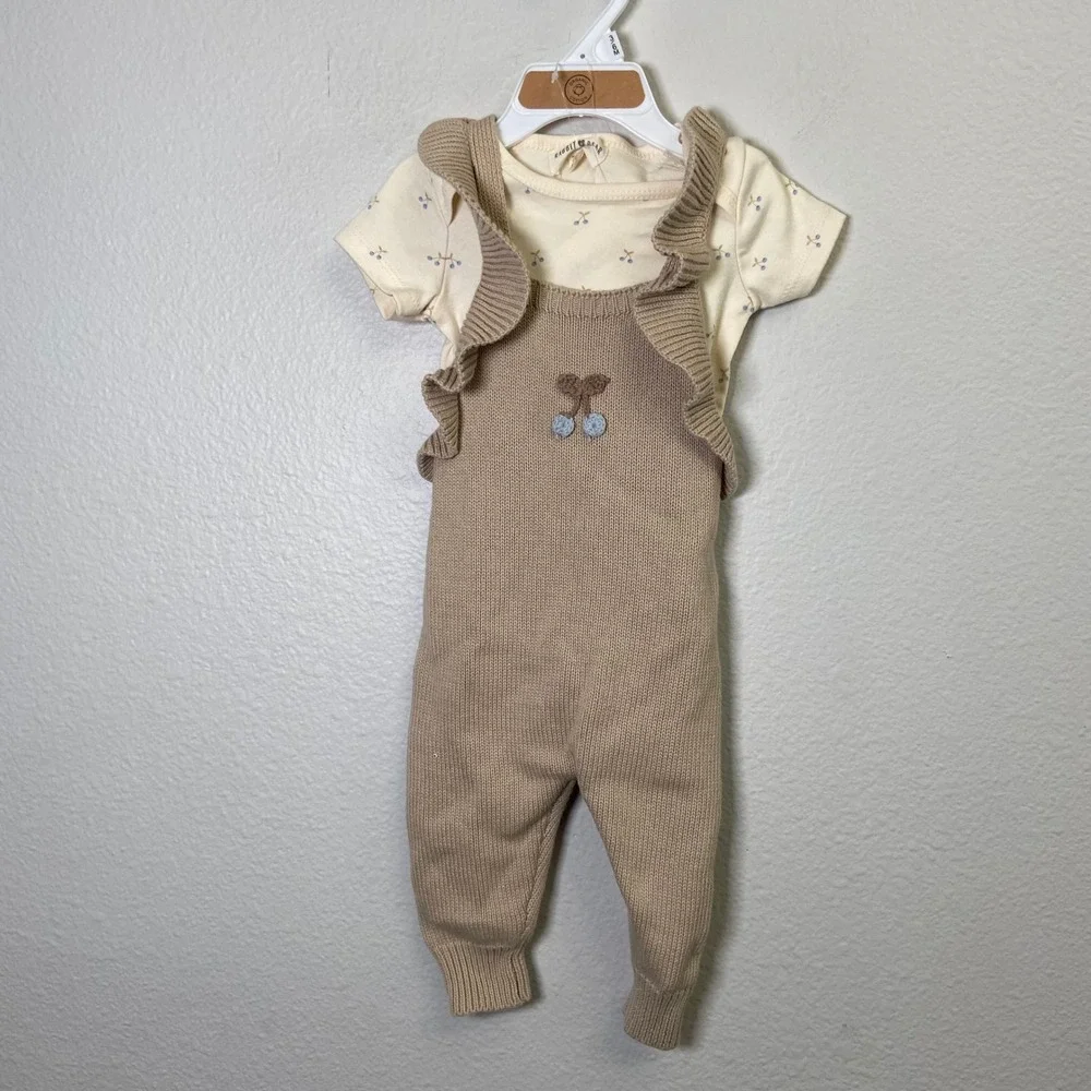 Rabbit + Bear Girls 3-6M Tan Knit Romper Bodysuit Set NEW Organic Cotton Cherry